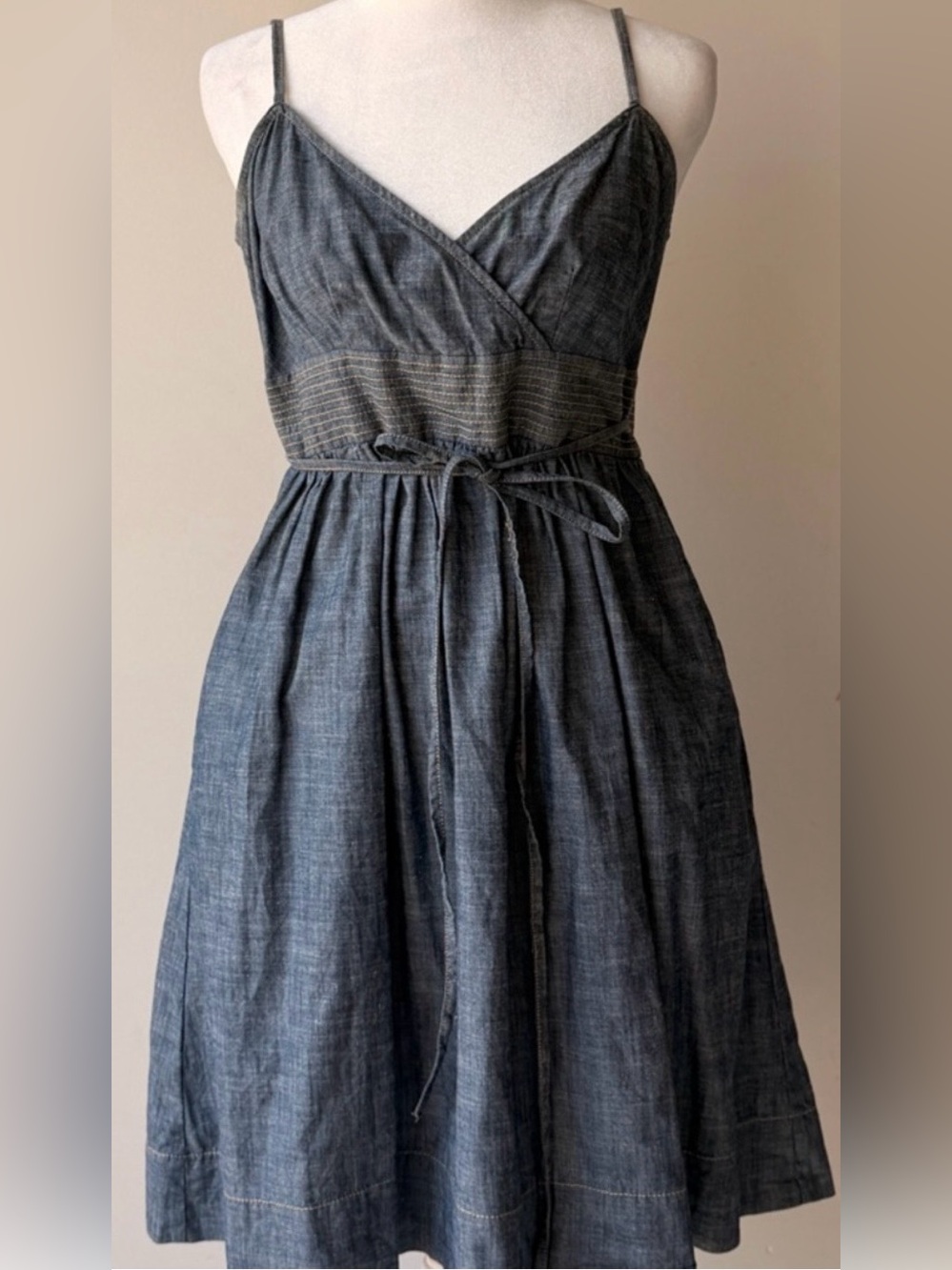 LOFT Chambray Wrap Midi Dress in Denim Blue with Tie Waist